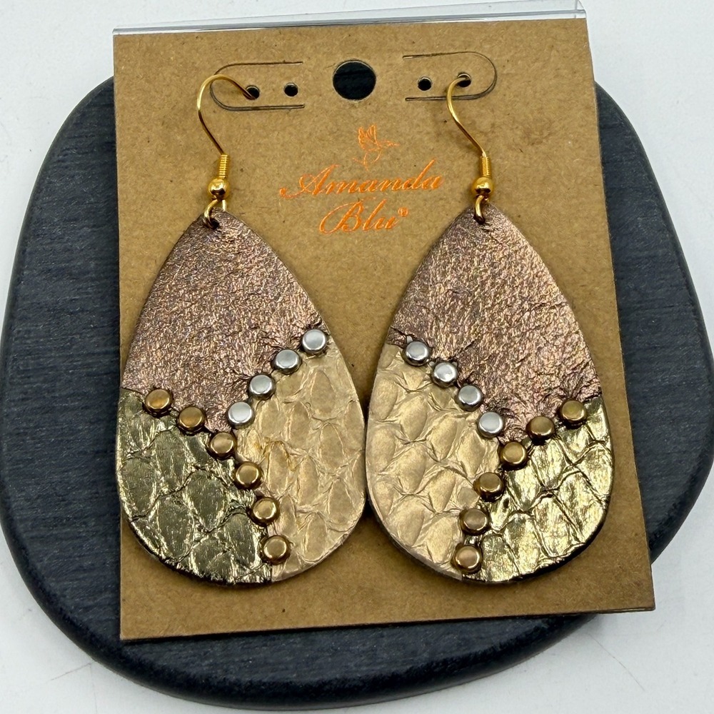 Amanda Blu Metallic Faux Leather Teardrop Earrings Gold Bronze Tone Studded Boho